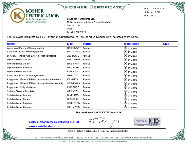 Savannah Surfactants OK Kosher Certificate 2010 page-01