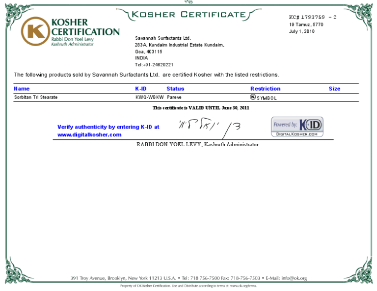 Savannah Surfactants OK Kosher Certificate 2010 page-02